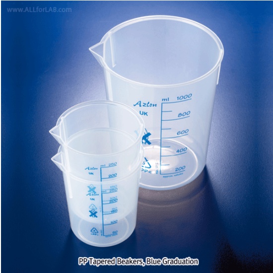 Azlon PP Tapered Beakers, Blue Graduation, with Spouts, 25~5000㎖PP 테파 비커, 청색 눈금, 중첩 가능, Stackable, Autoclavable, -10℃~+125/140℃내열