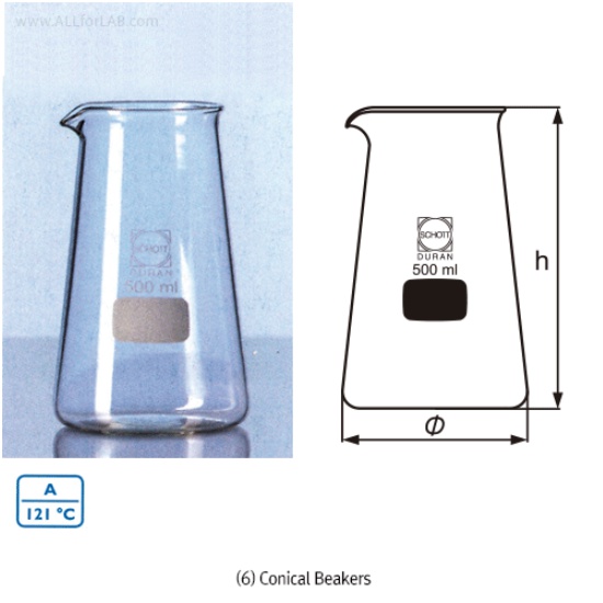 DURAN® Hi-grade Conical Beaker, Philips Form 코니칼 비커, with Spout, Autoclavable